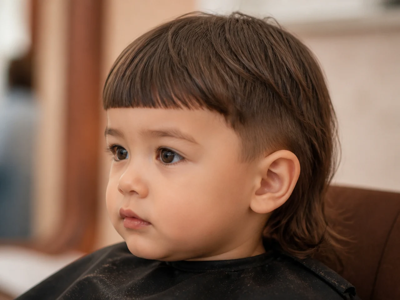 A toddler boy with a blunt straight fringe and long hair behind