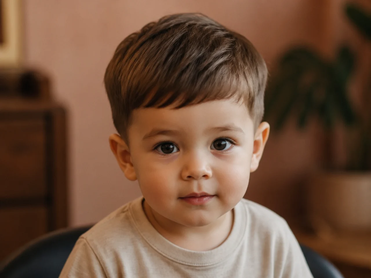 A toddler boy with a softly curved fringe