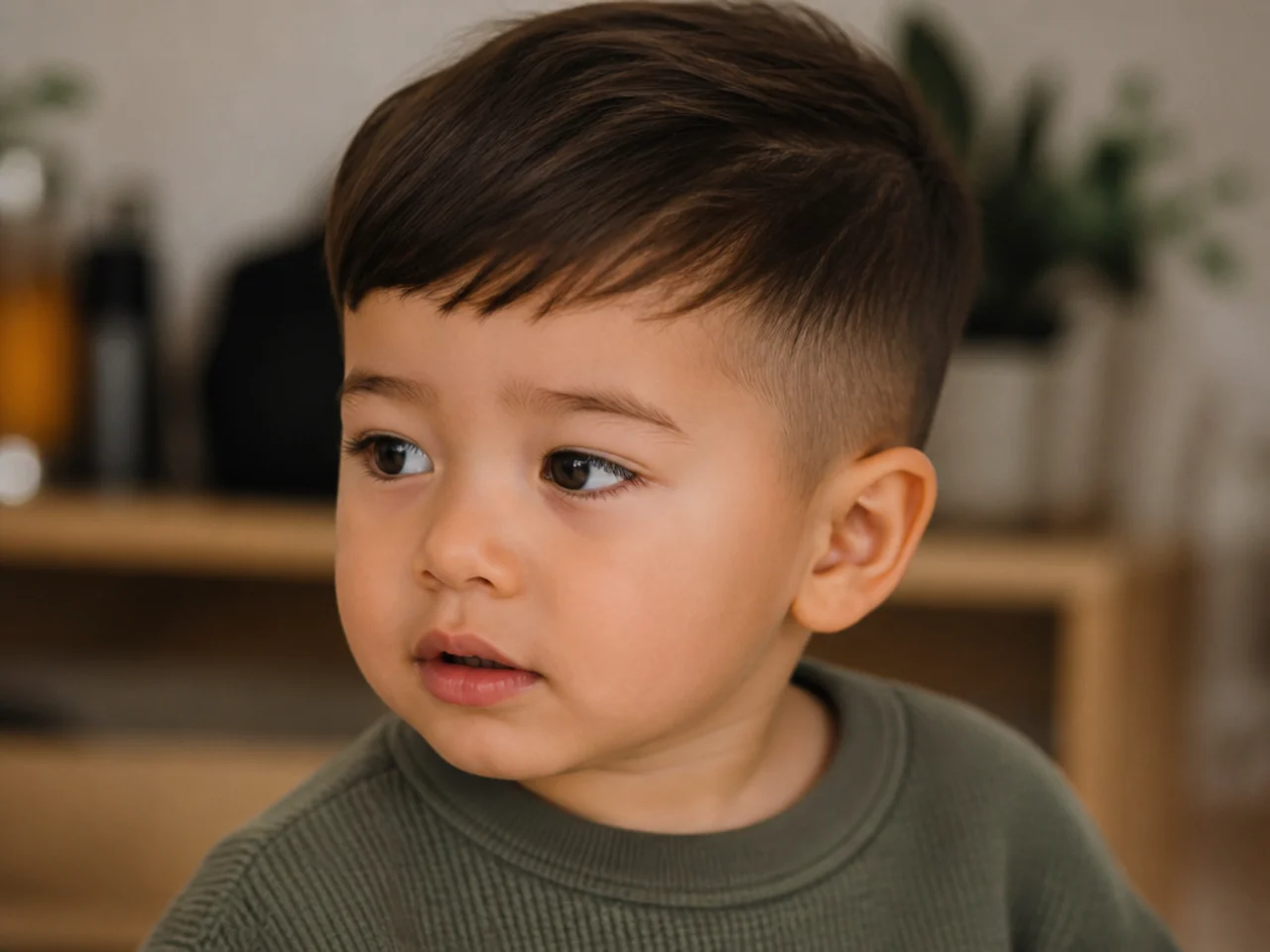A toddler boy with a side-swept fringe cut above the eyebrow