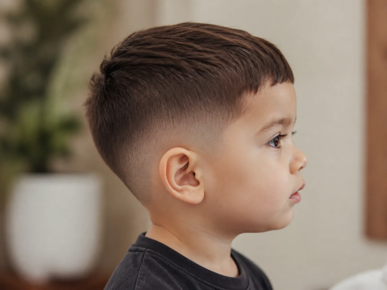 A toddler boy with his fringe and the hair over his ears trimmed