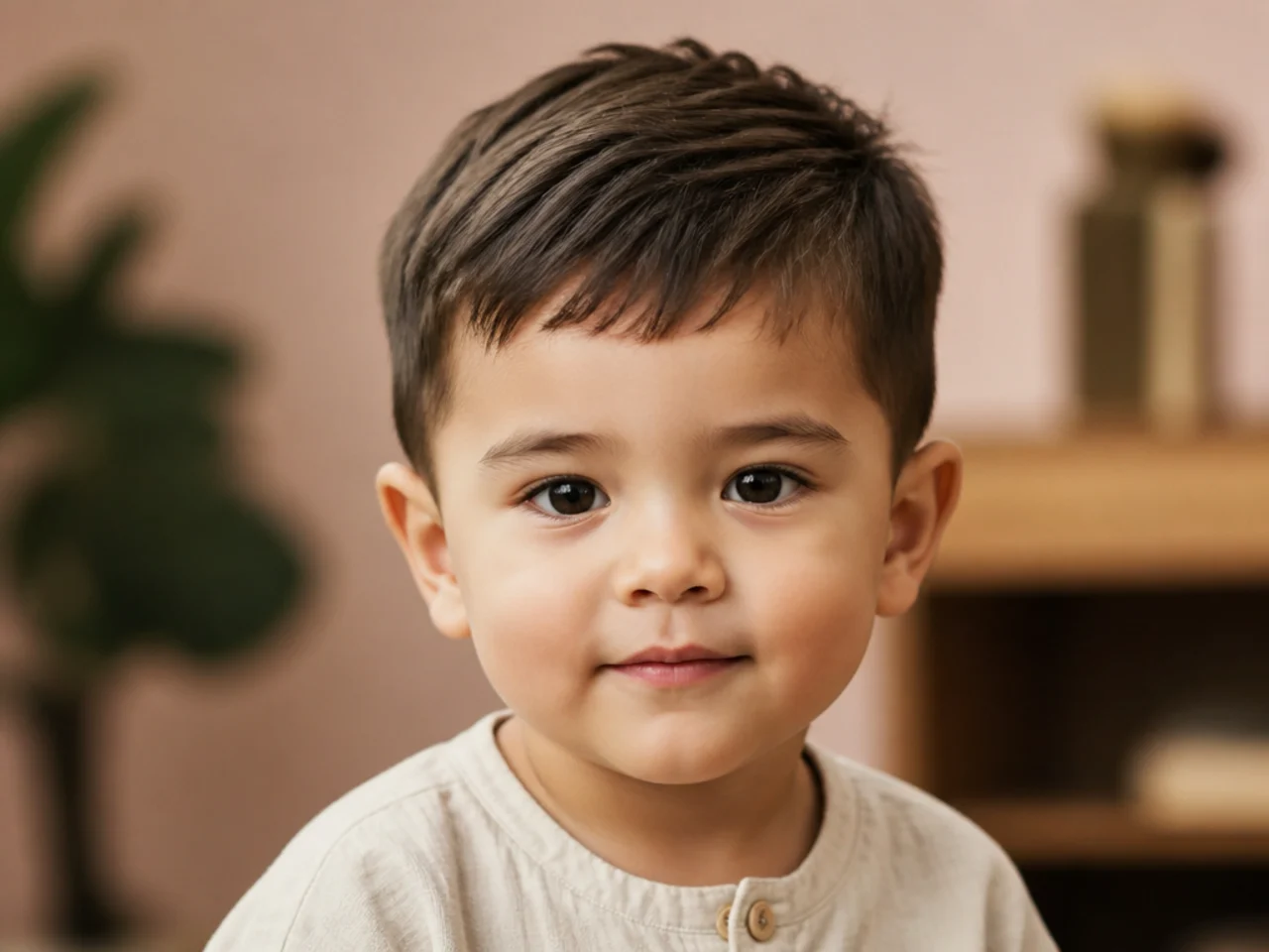 A toddler boy with a short scissor-cut crop