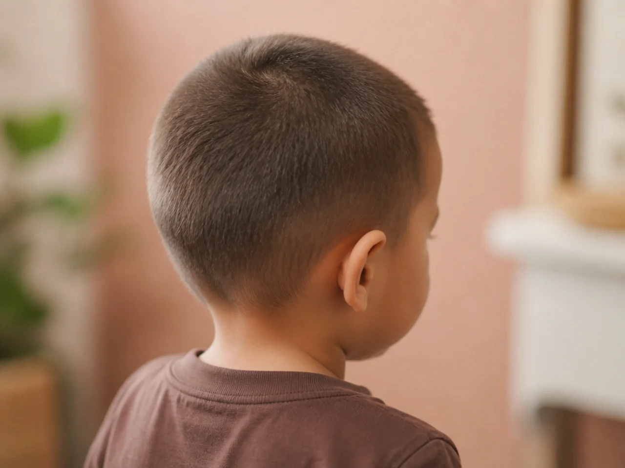 A toddler boy with a number four clipper cut all over