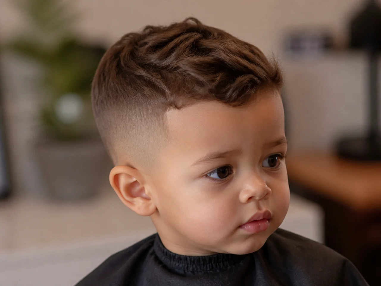 A toddler boy with short clippered sides and a scissor-cut top