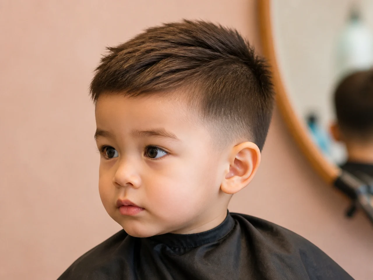 A toddler boy with two clipper guard lengths and no blend
