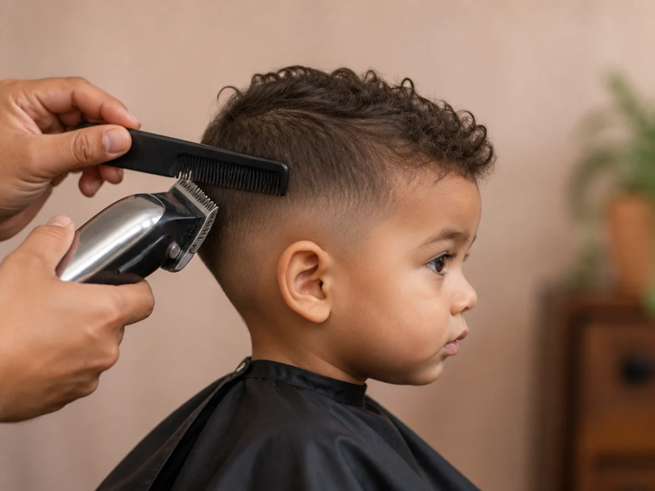 A comb held away from a toddler's head with clippers running over it