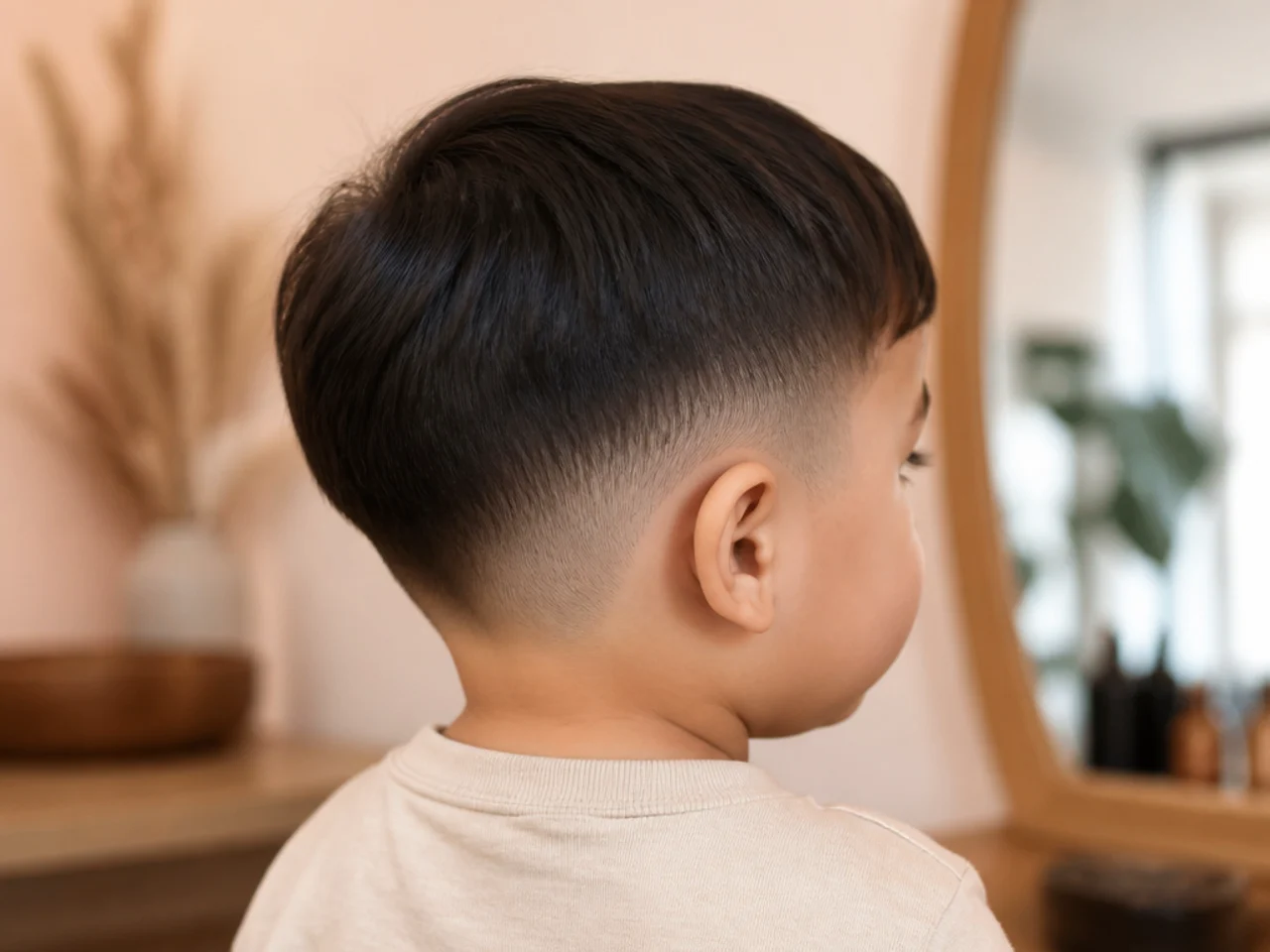 A toddler boy with a trimmed fringe and clippered sides