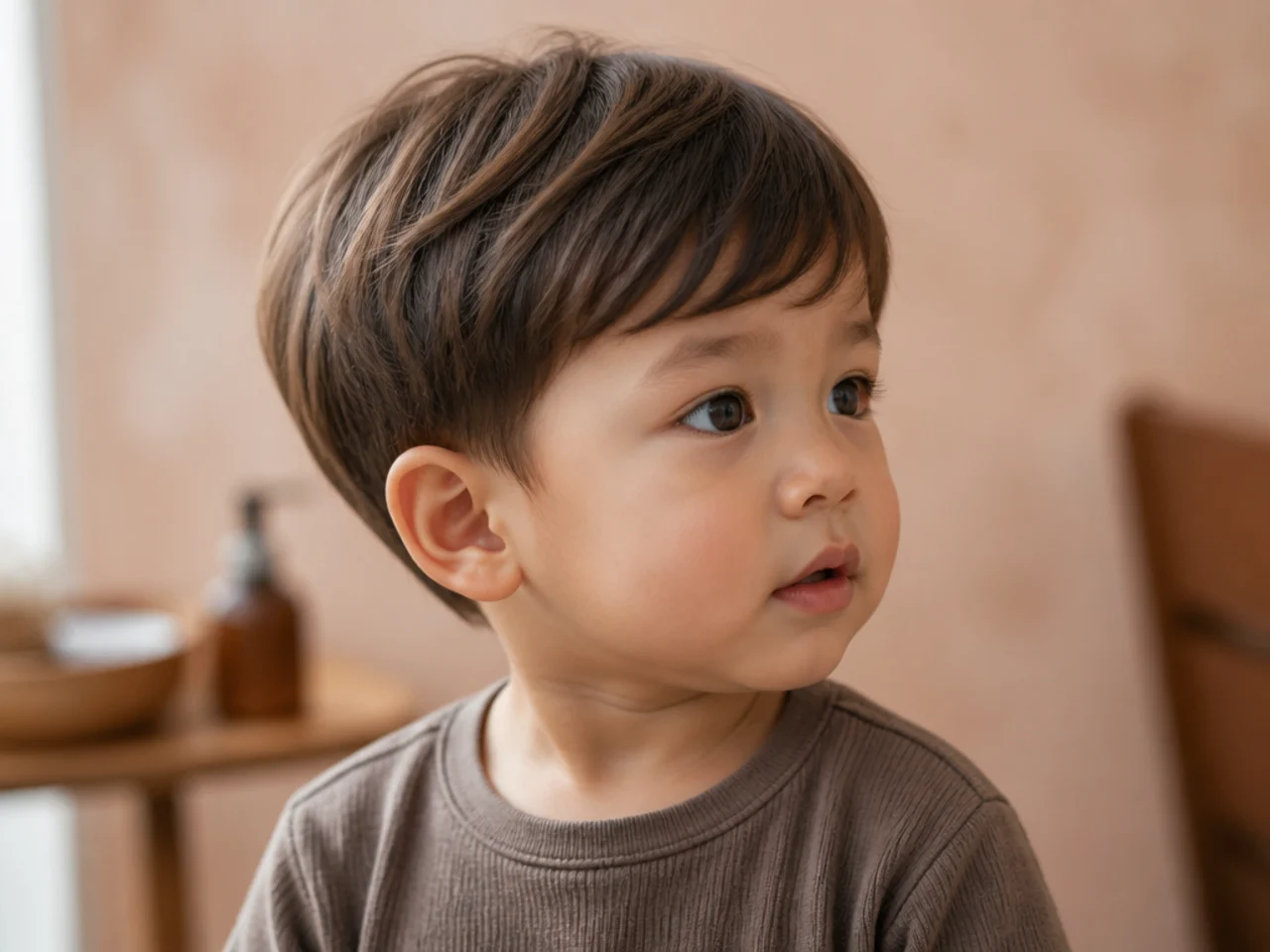 A toddler boy with a soft rounded haircut