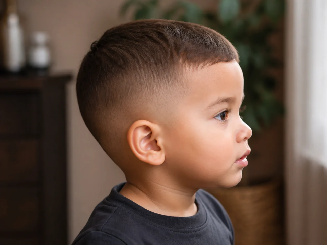A toddler boy with one-length hair swept off his forehead