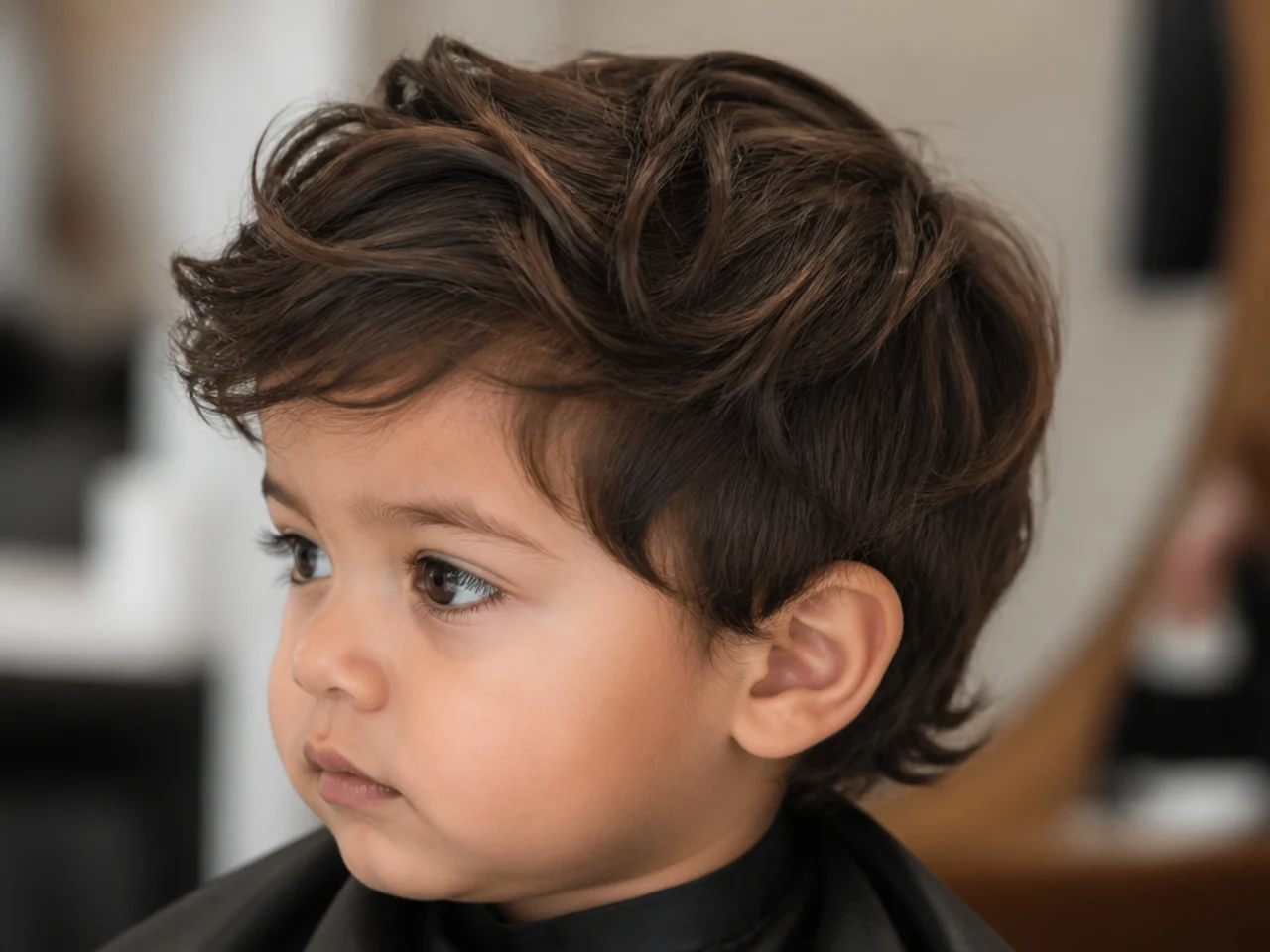 A toddler boy with longer hair on top and untouched sides