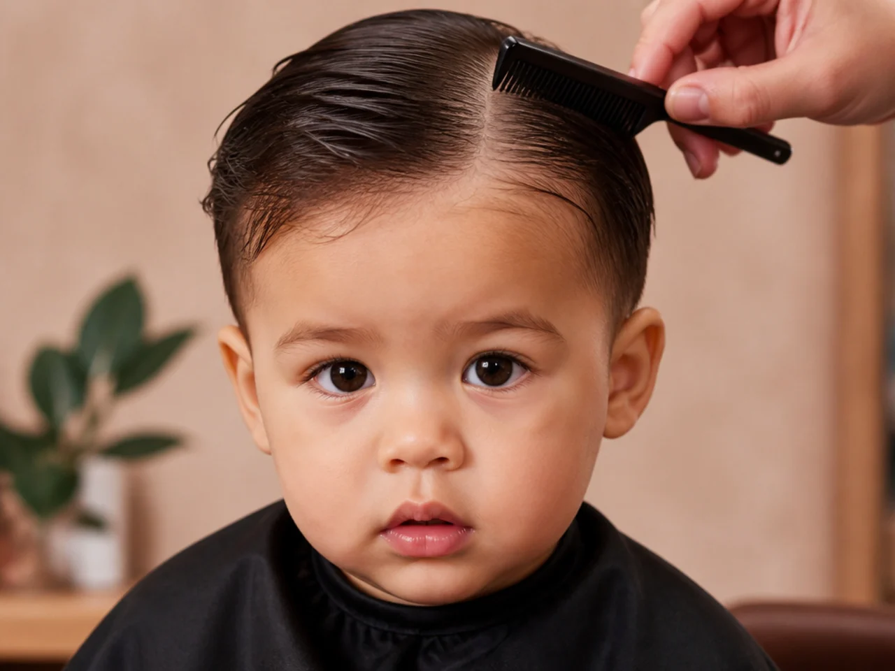 A toddler's damp hair being combed flat before a blunt cut