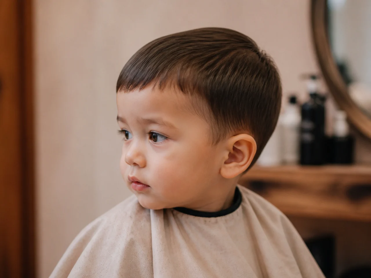 Side view of a toddler boy with a simple one-length haircut