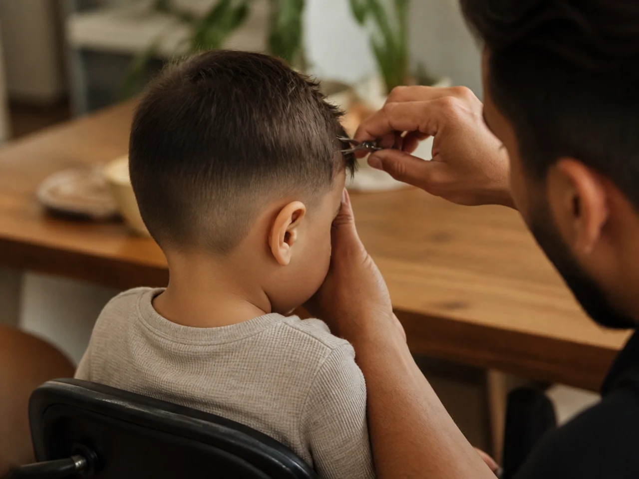 A parent trimming a toddler's fringe at a kitchen table