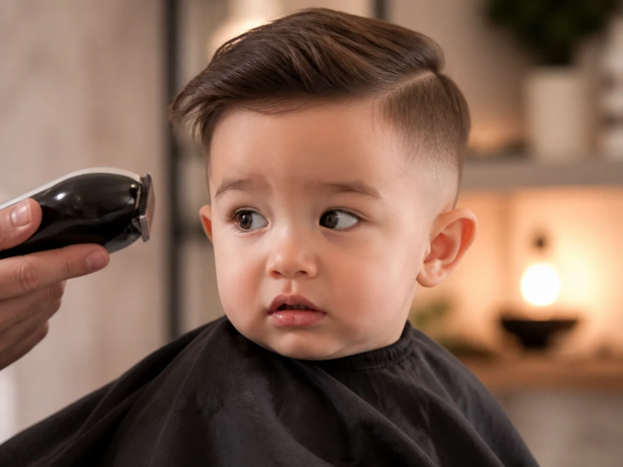 A parent lifting clippers away from a toddler who has turned his head