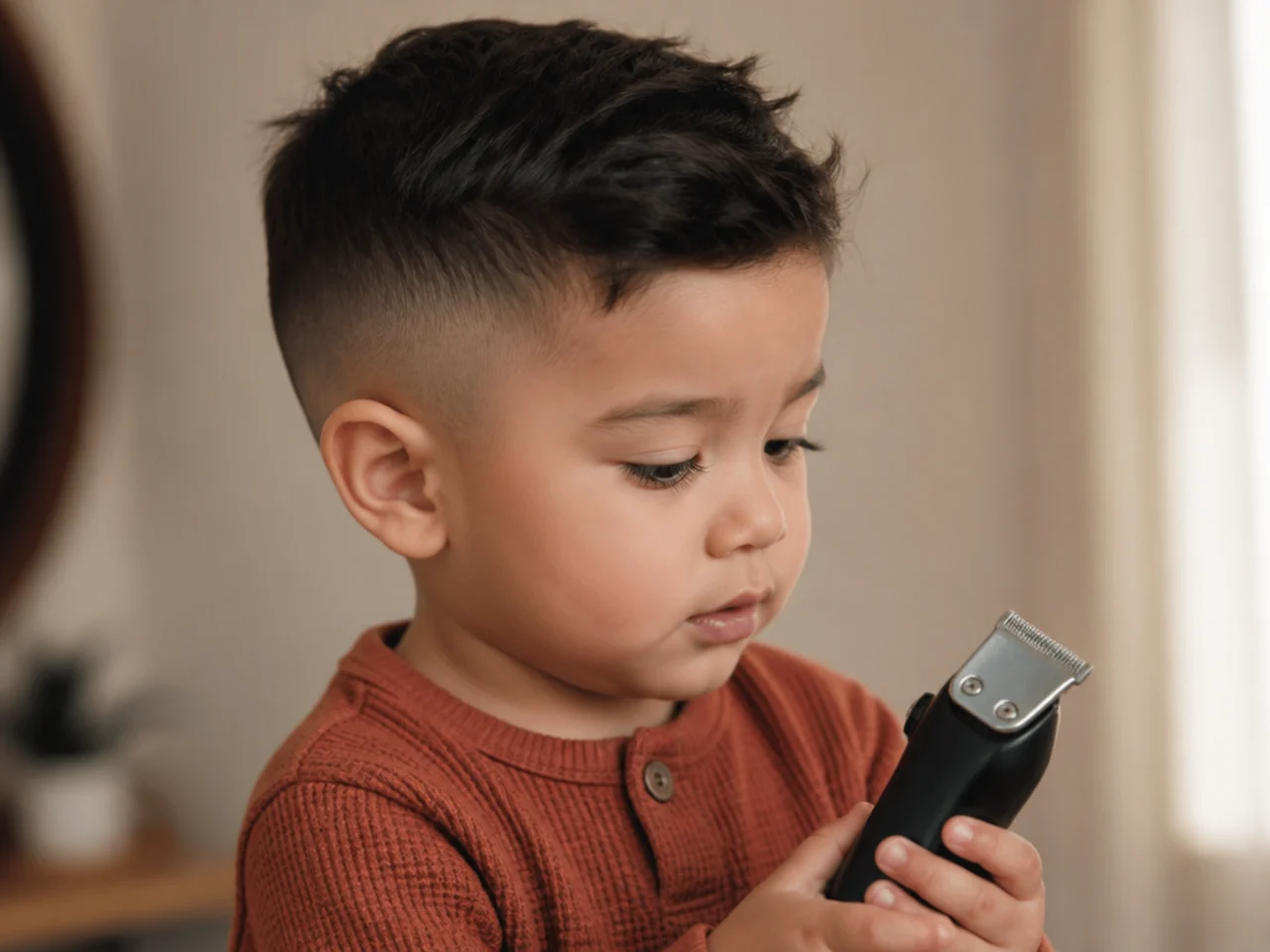 A toddler holding a switched-off clipper before a haircut