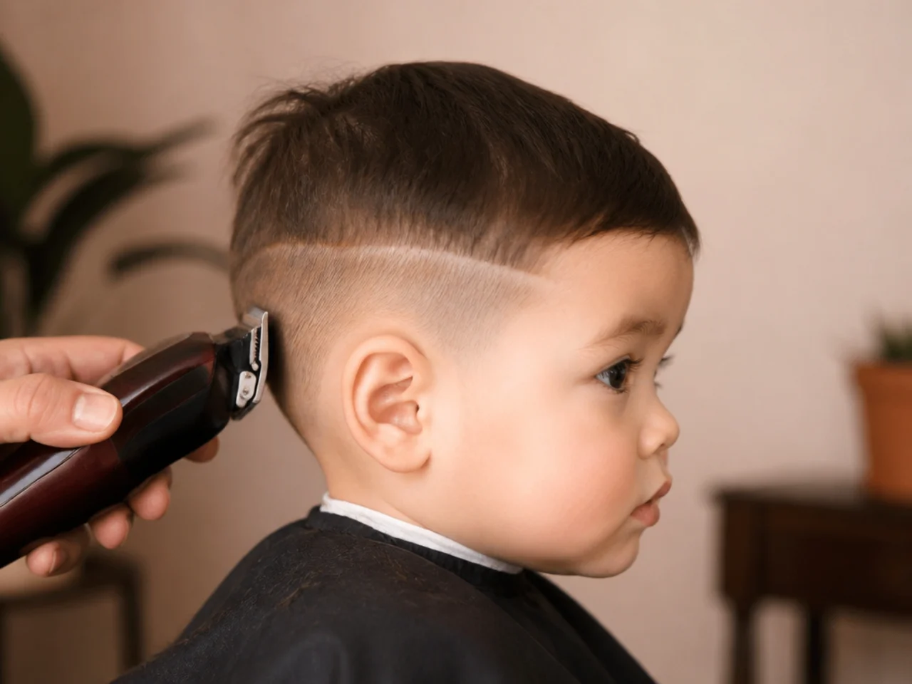 A half-finished haircut on a toddler showing a step in the clipper line