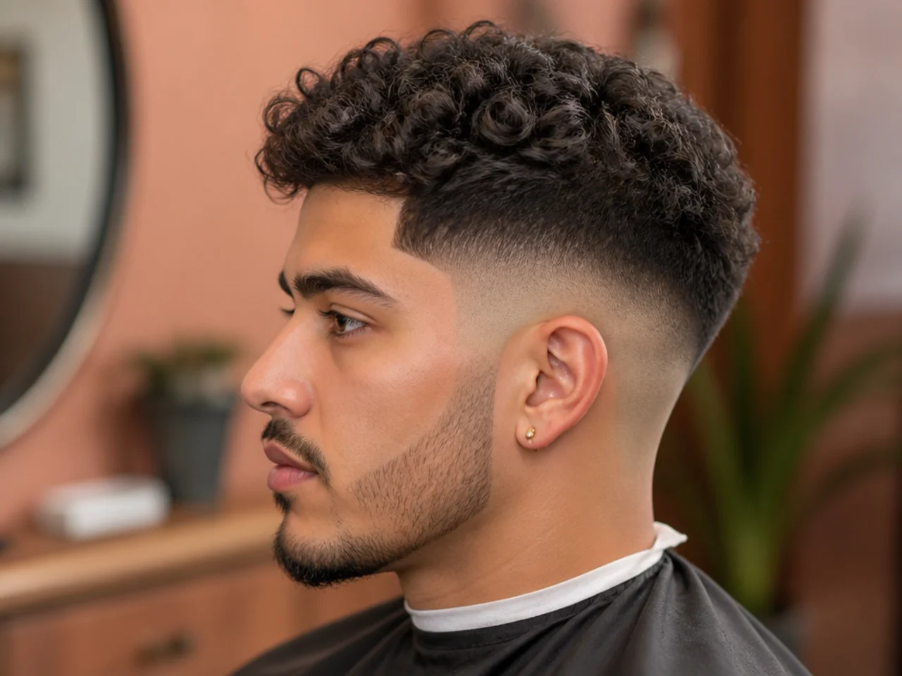 Barber holding a section of hair between two fingers on top of a toddler's head, cutting with small barber shears to blend into the fade