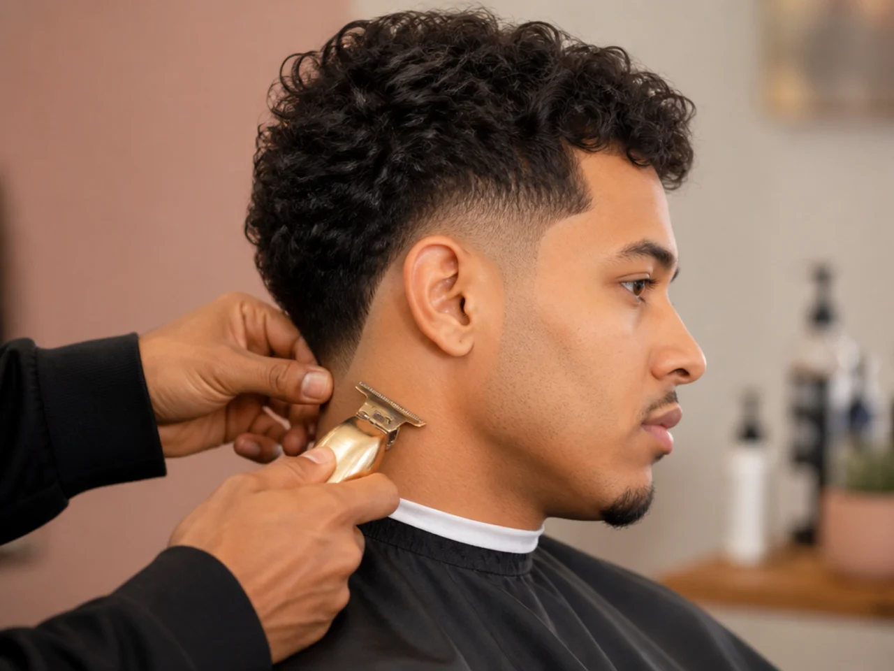 Close-up of a barber softly tapering the neckline of a toddler's fresh burst fade with the corner of a clipper