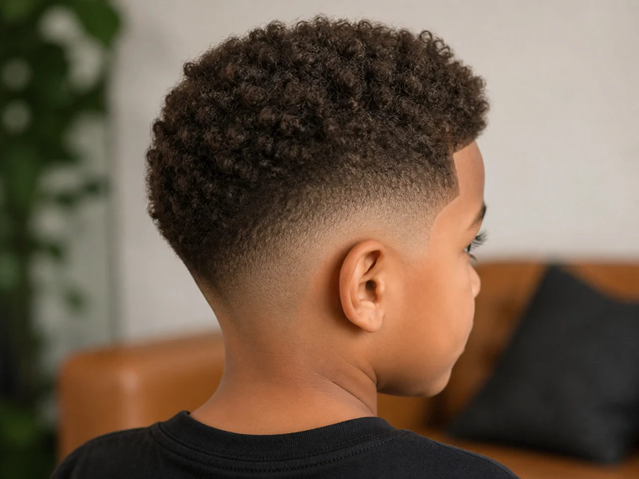 A boy with a temple fade and rounded front corners