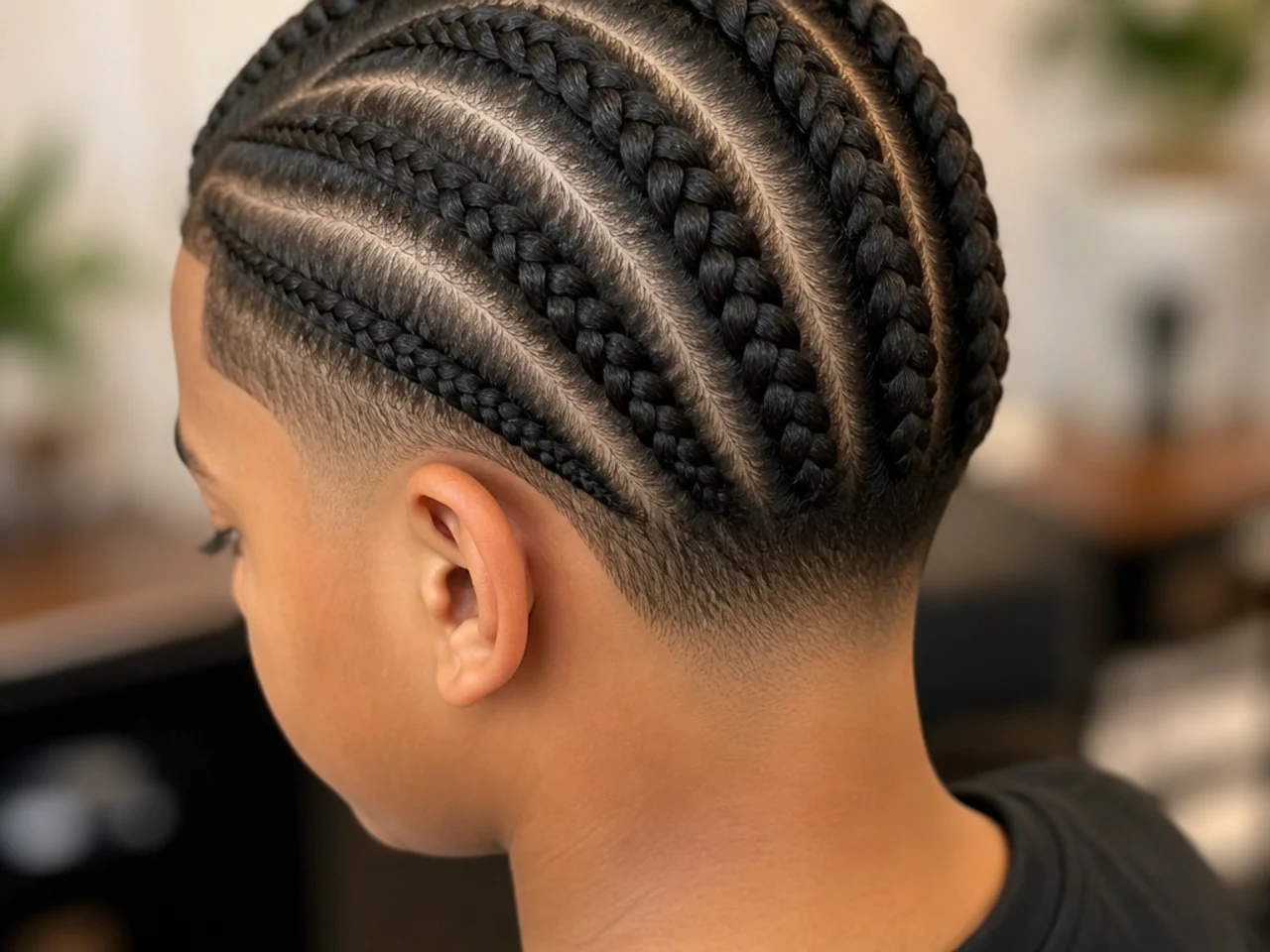 A boy with cornrows braided straight back and a tapered nape
