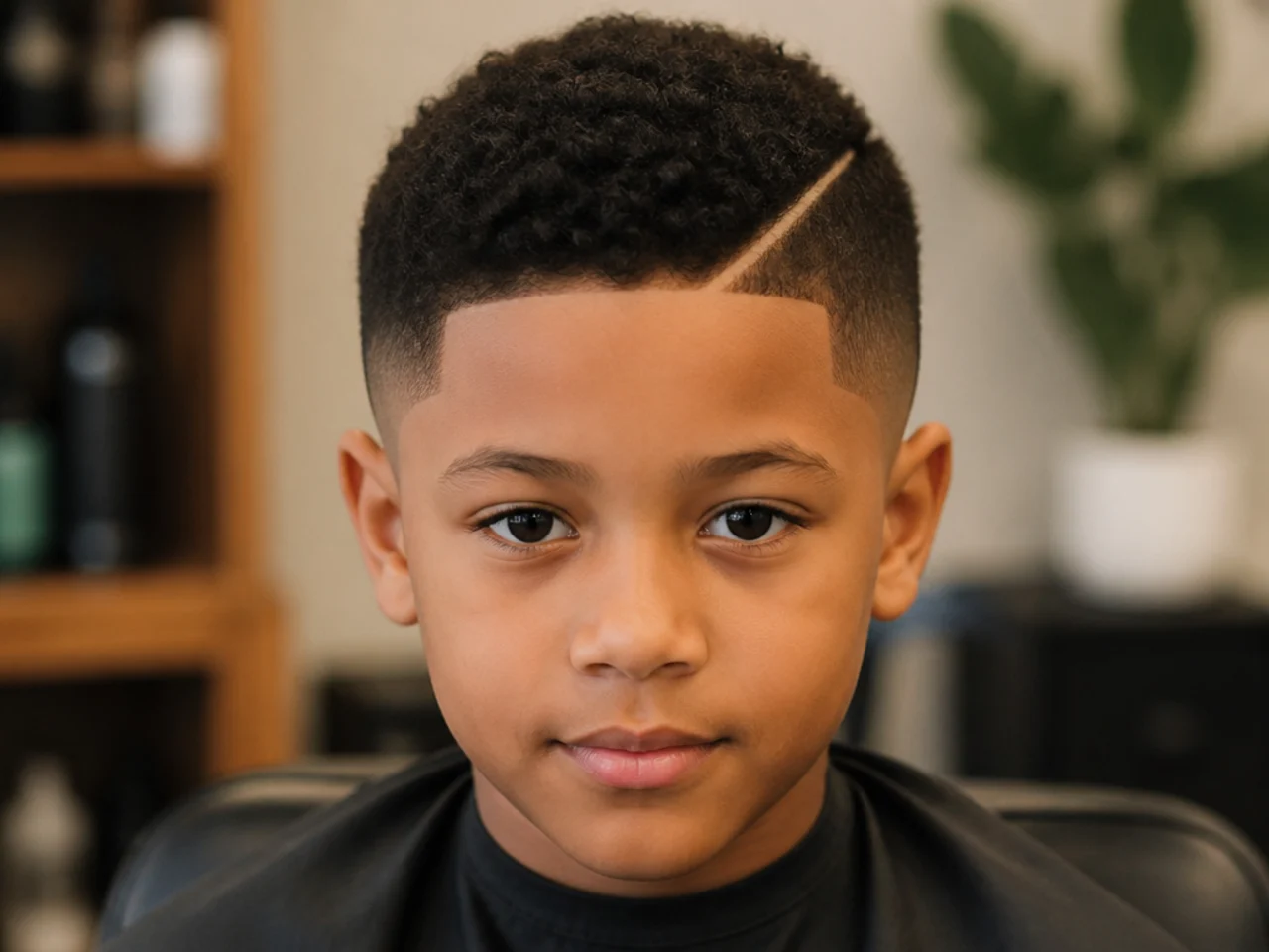 A boy with a single shaved part in a tapered haircut