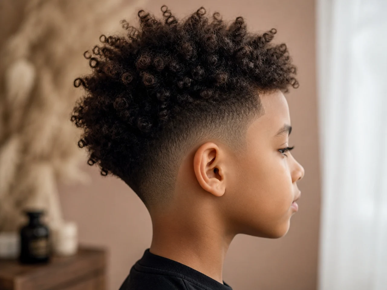 A boy with freeform curls and a tidy neckline