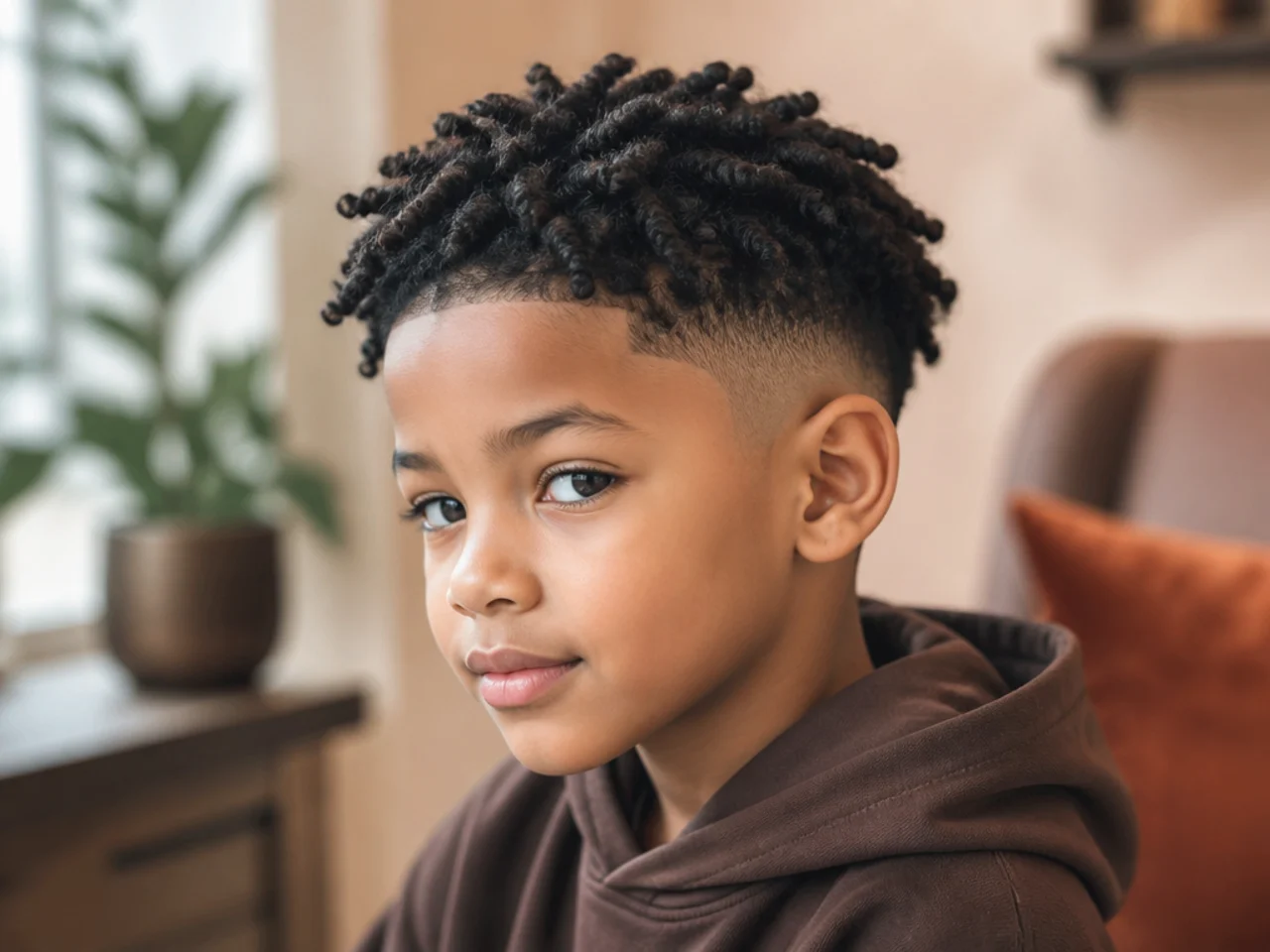 A boy with twists on top and tapered sides