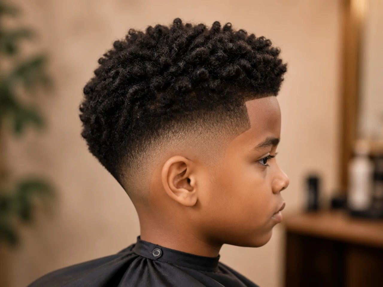 A boy with sponge curls and a low fade