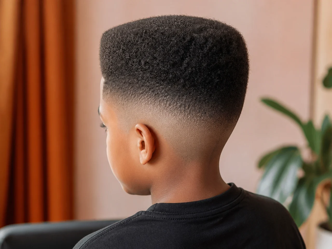 A boy with a short flat top haircut