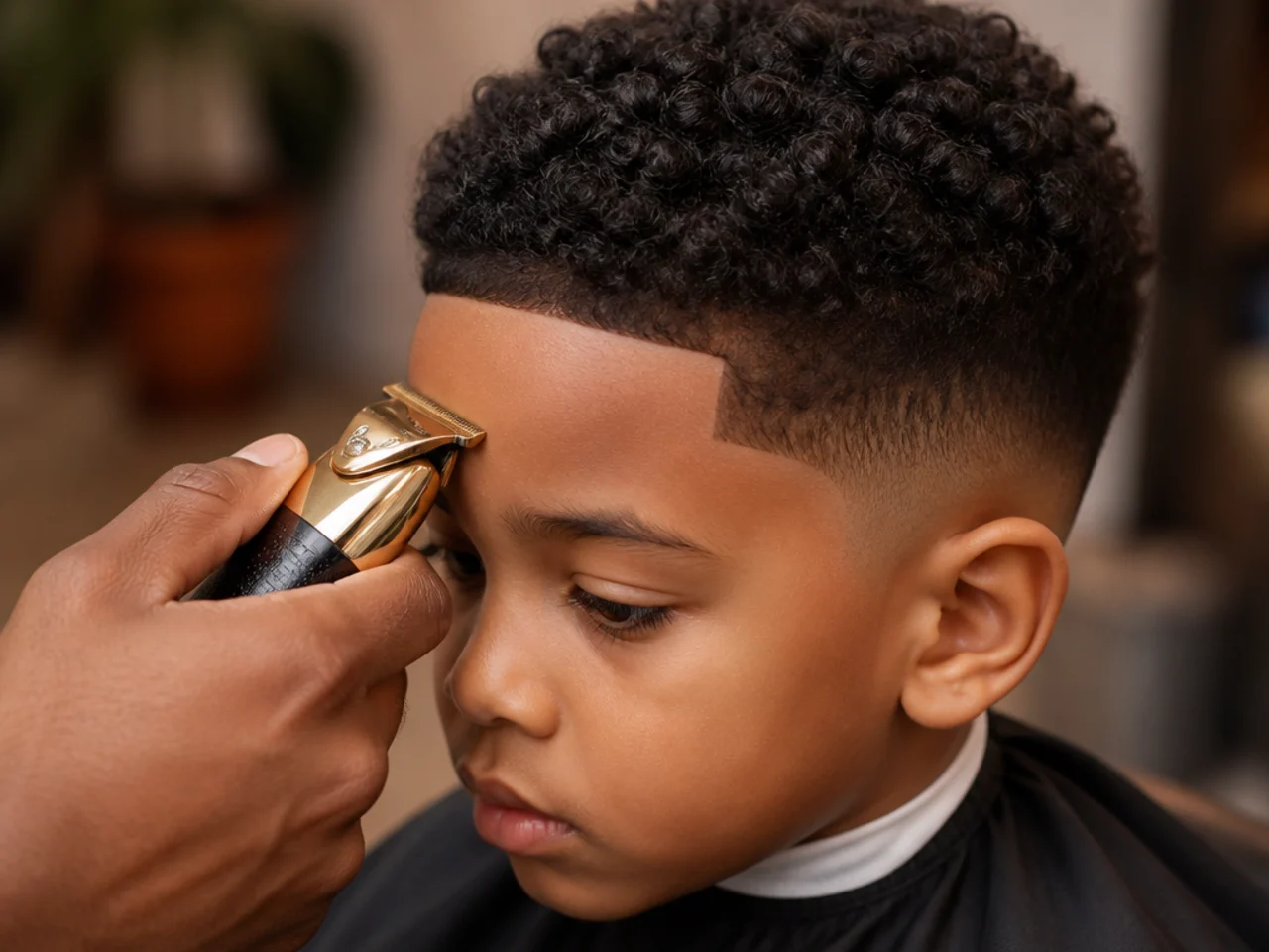 A boy having his hairline touched up between haircuts