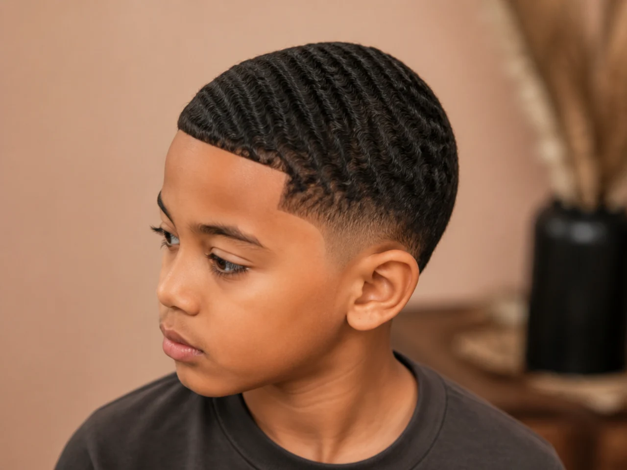 A boy with brushed waves and a low taper