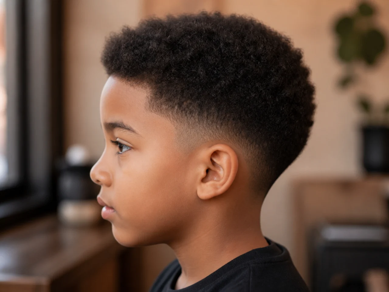 A boy with a short afro and a natural hairline