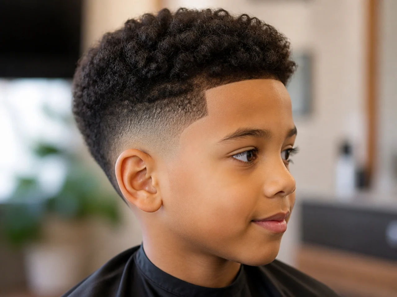 Side view of a boy's taper fade on coily hair