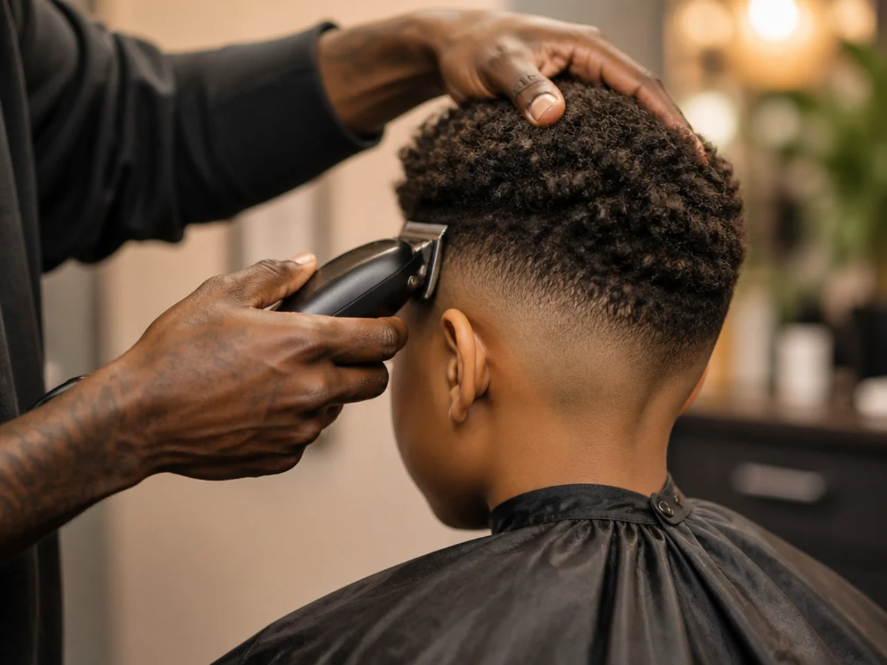 A barber setting a fade line on a boy's coily hair
