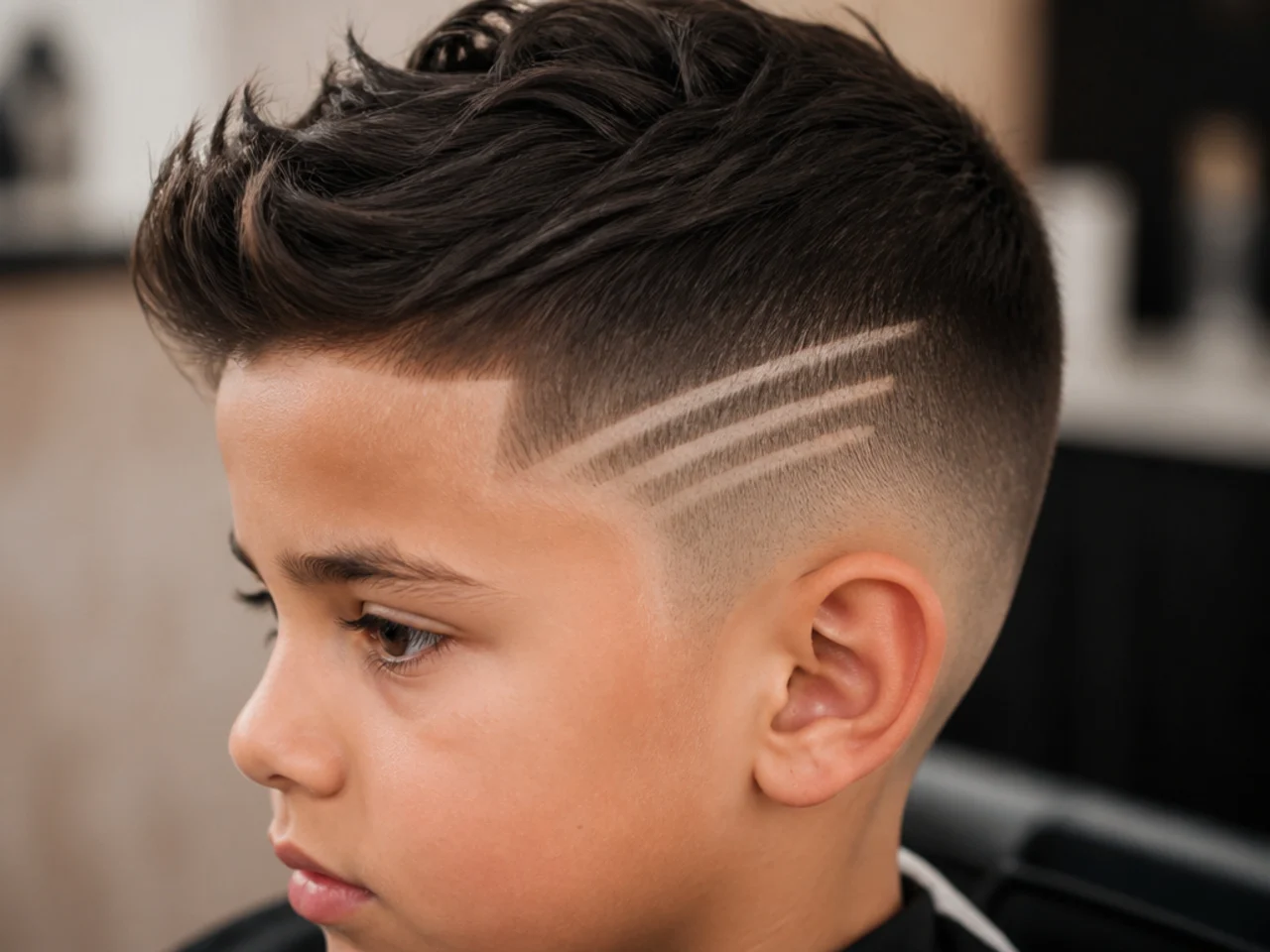 A young boy with three shaved lines fanning from the temple