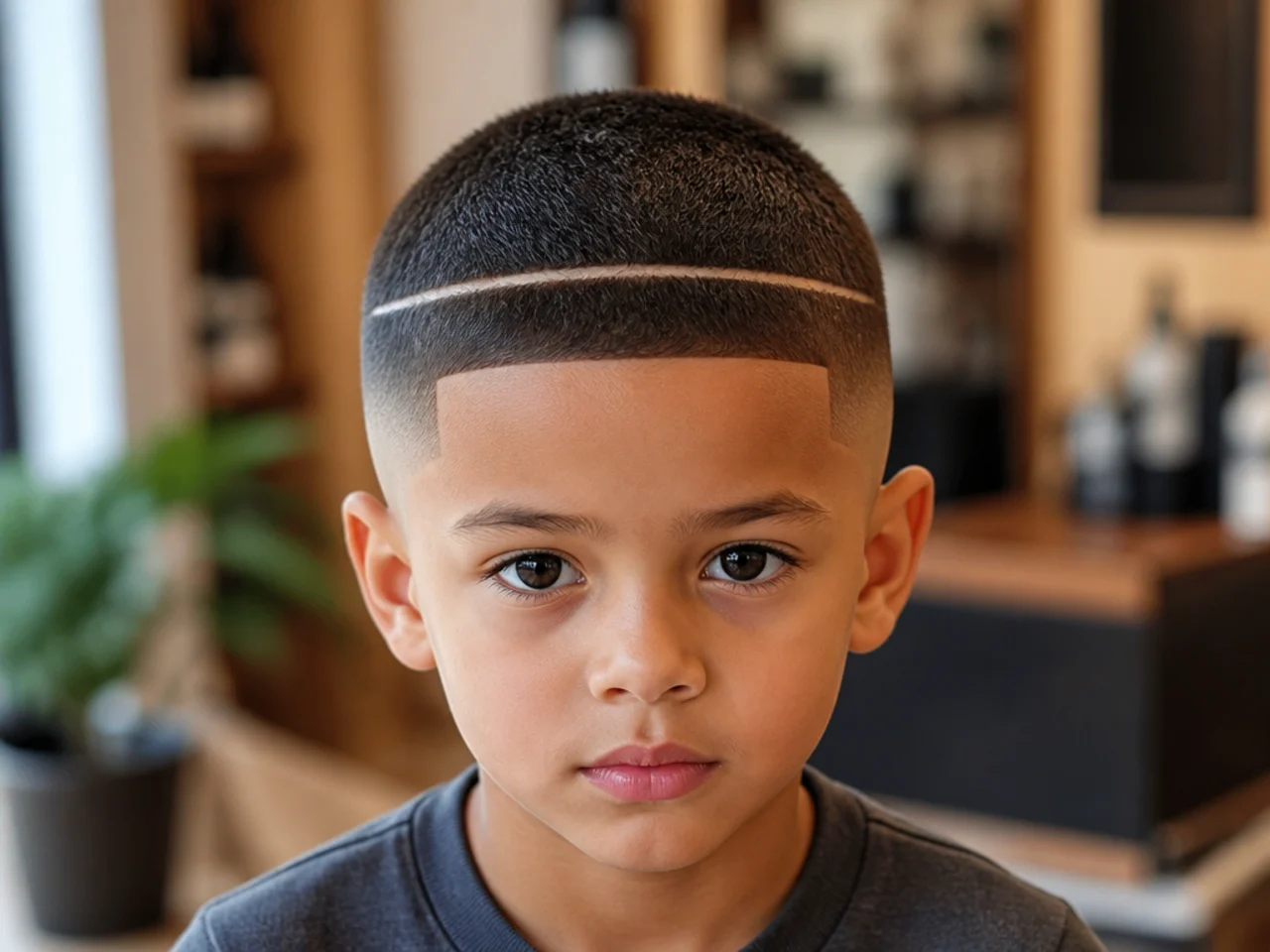 A young boy with a shaved line running around the head