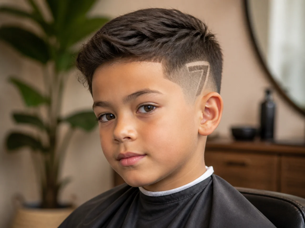 A young boy with a number shaved into the side of his hair