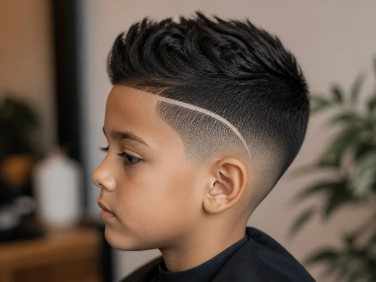 A young boy with a shaved line following the hairline
