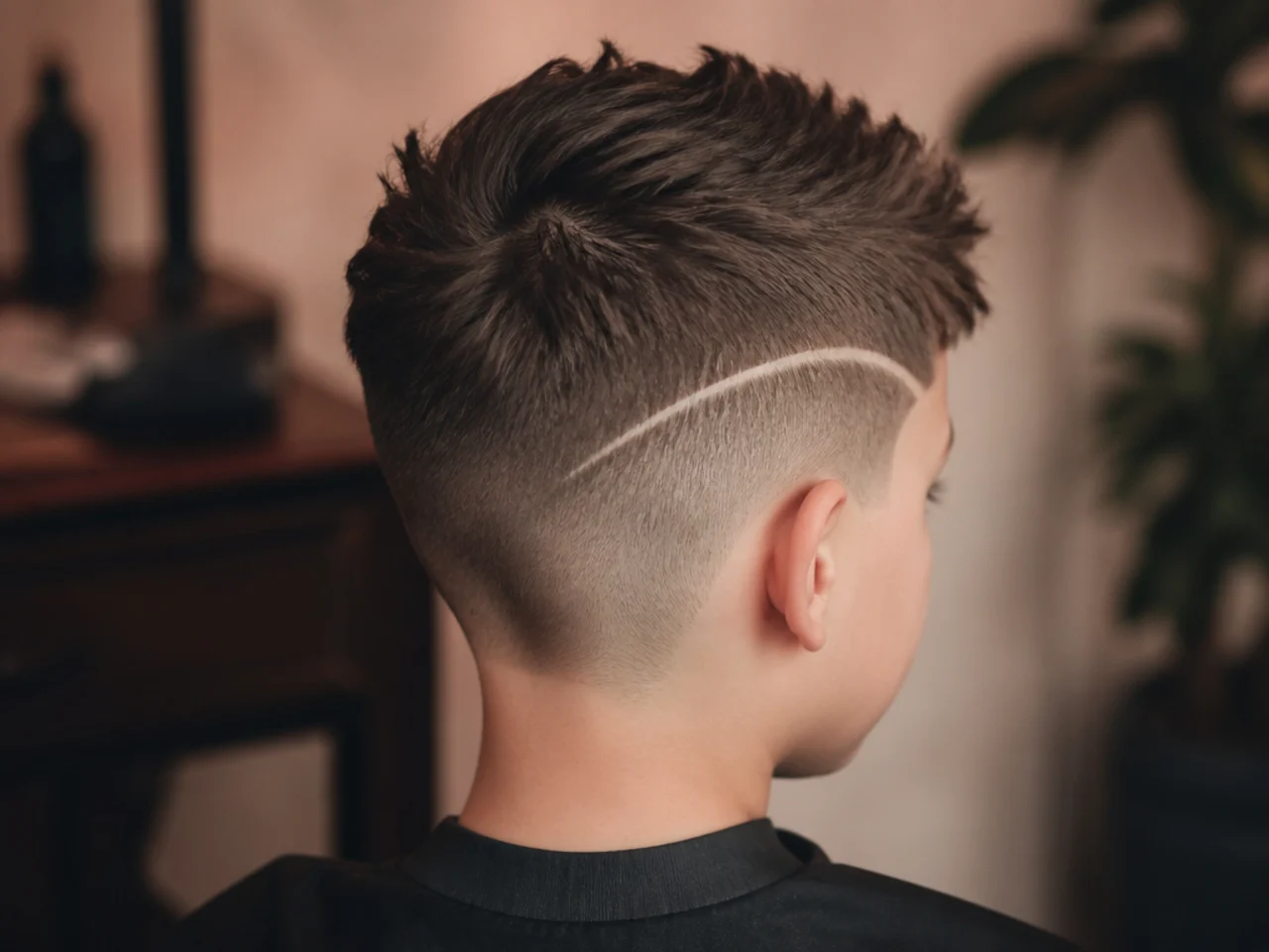 A young boy with a faint design cut into longer hair