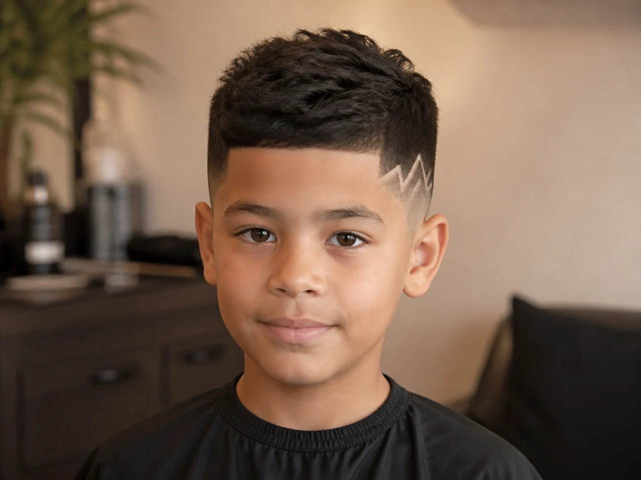A young boy with a zigzag design shaved along the taper