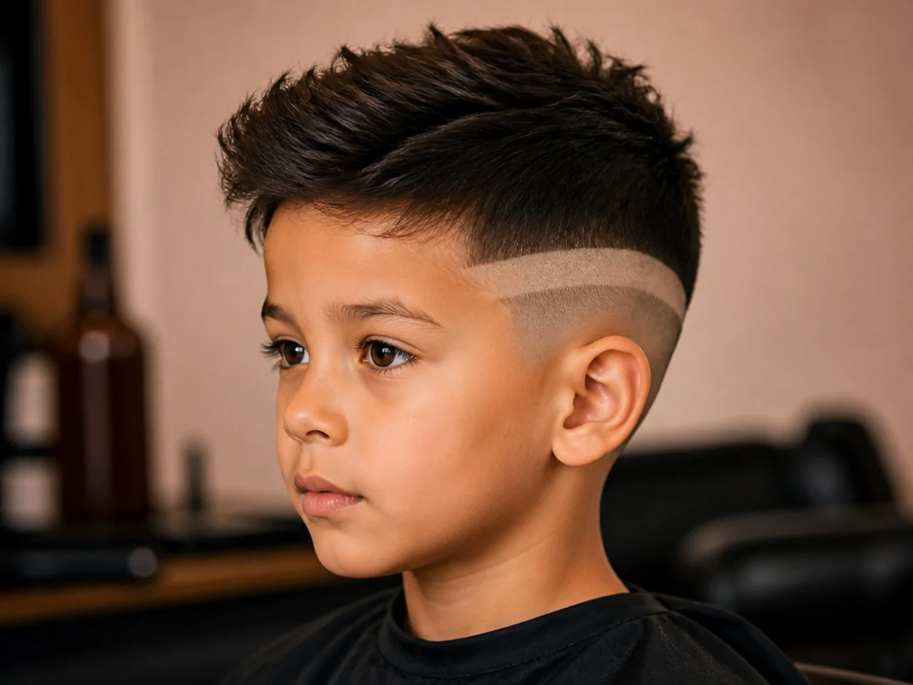 A young boy with a wide shaved band above the ear