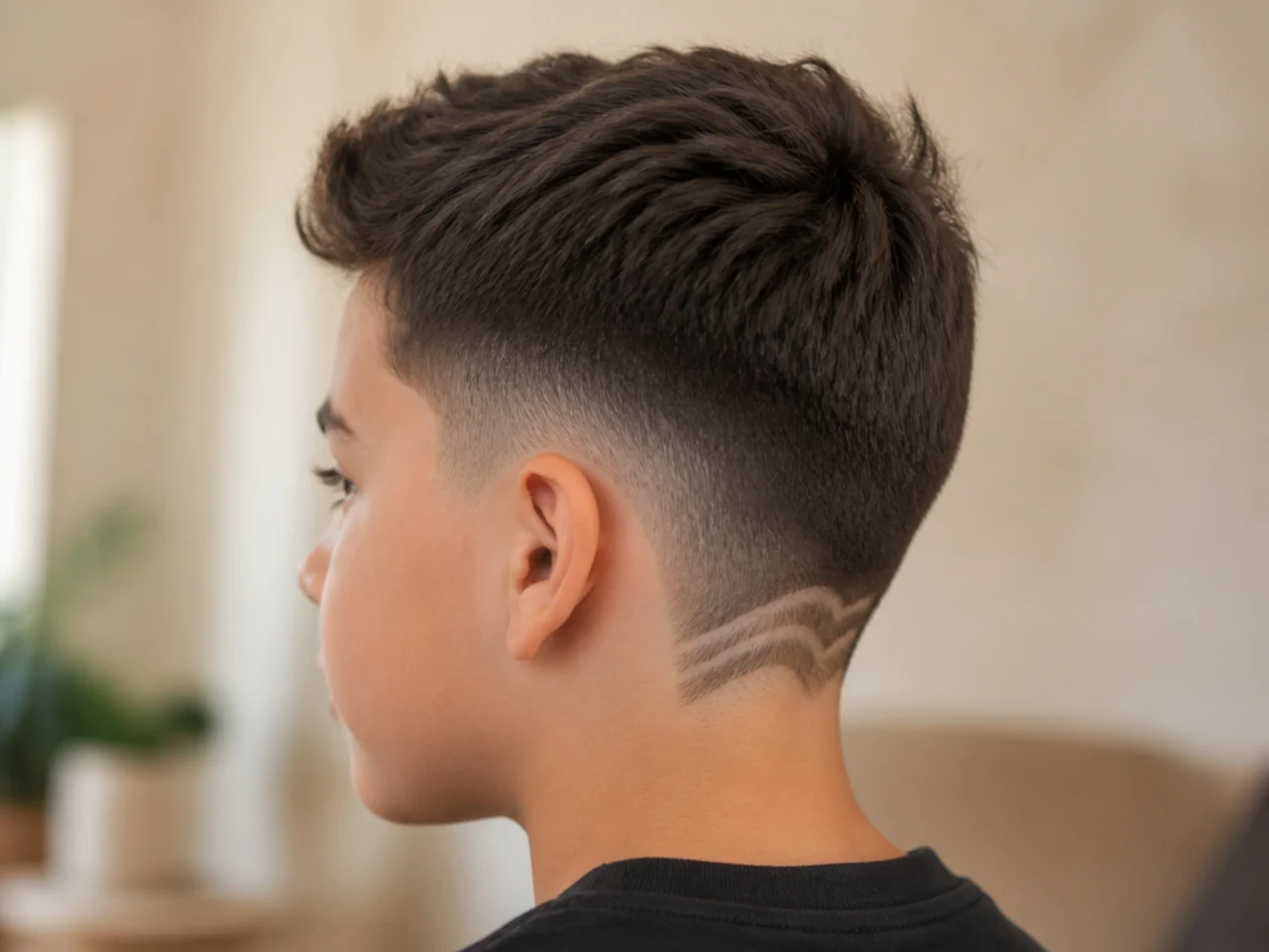 A young boy with a shaved design at the nape of the neck
