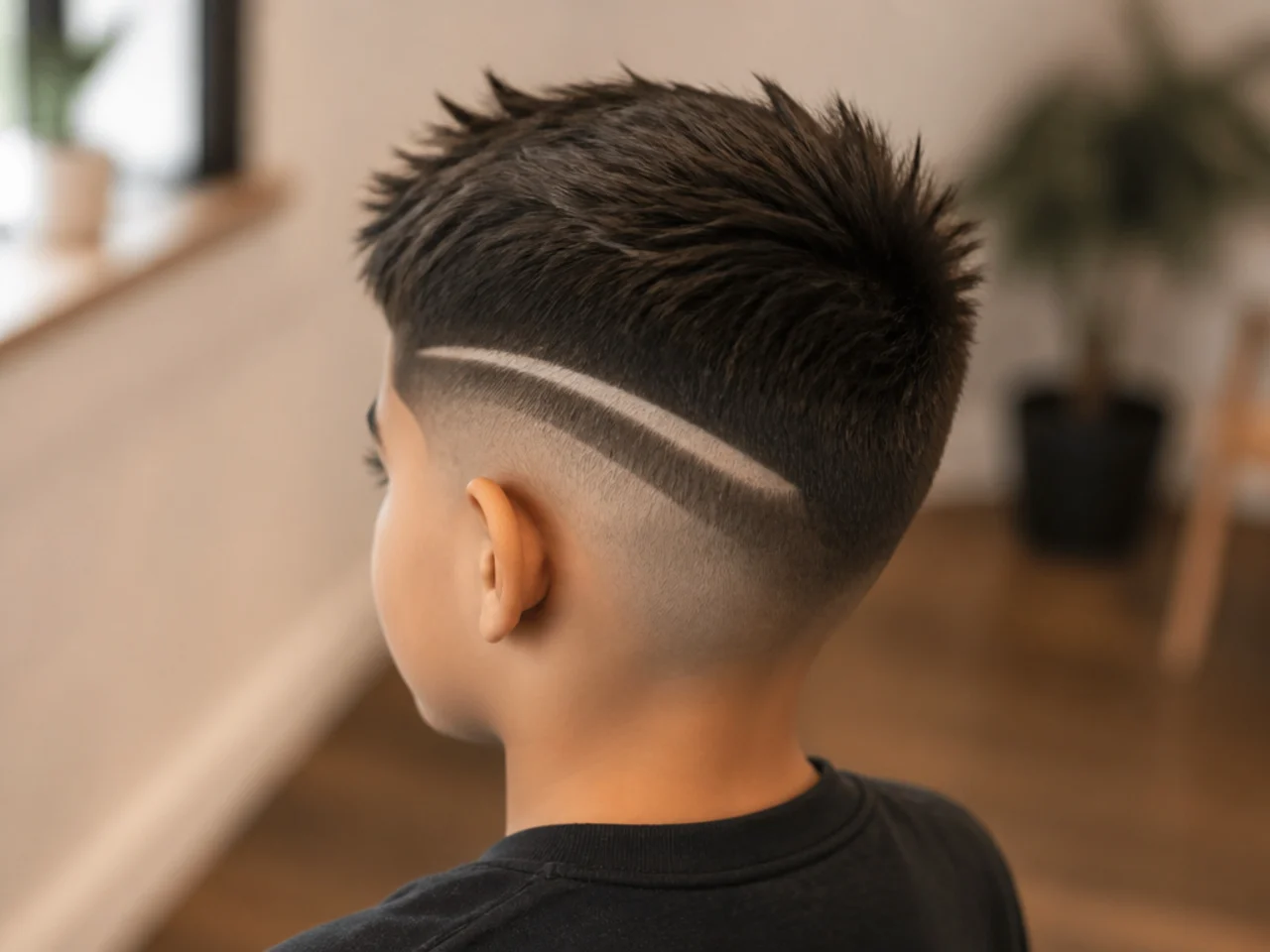 A young boy with two widely spaced shaved lines