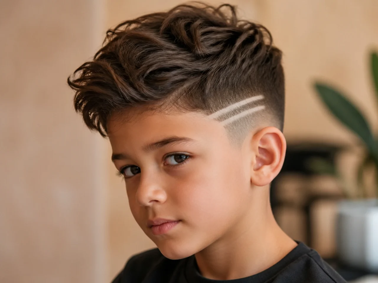A young boy with two parallel shaved lines above the ear