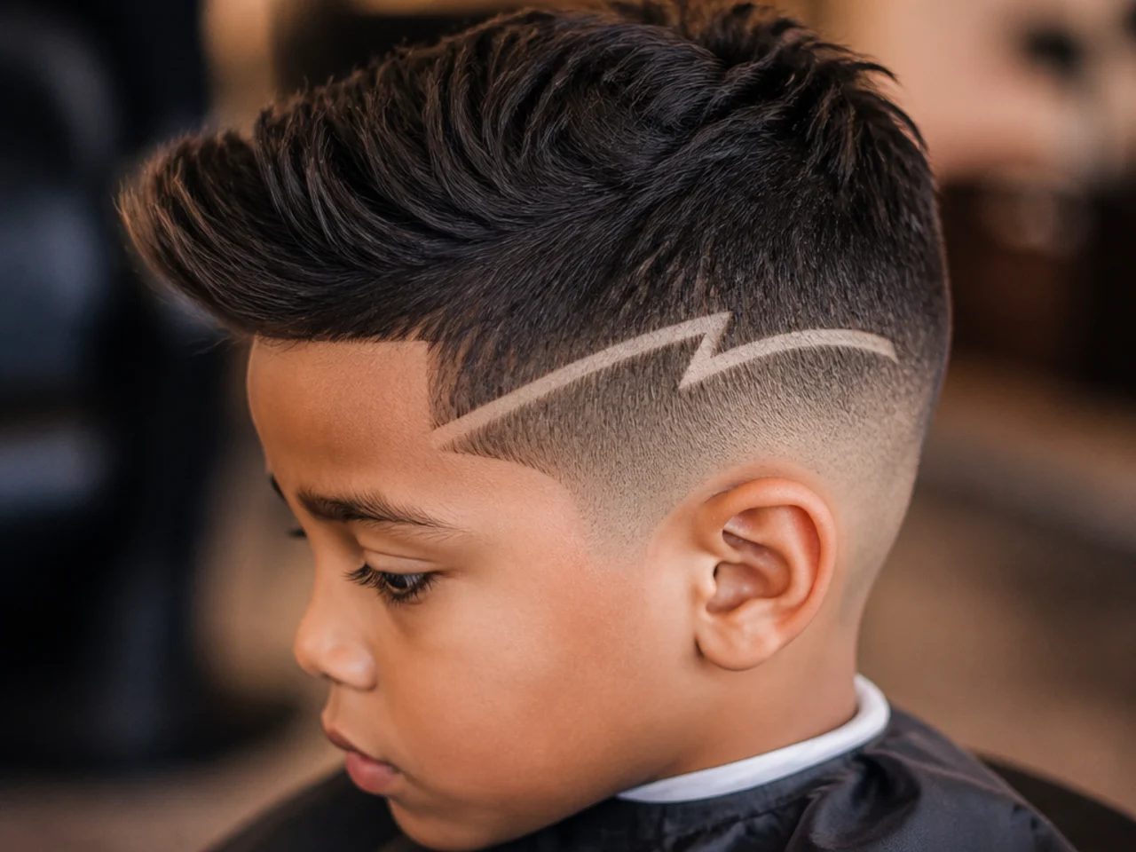 A young boy with a fresh shaved line design before an event