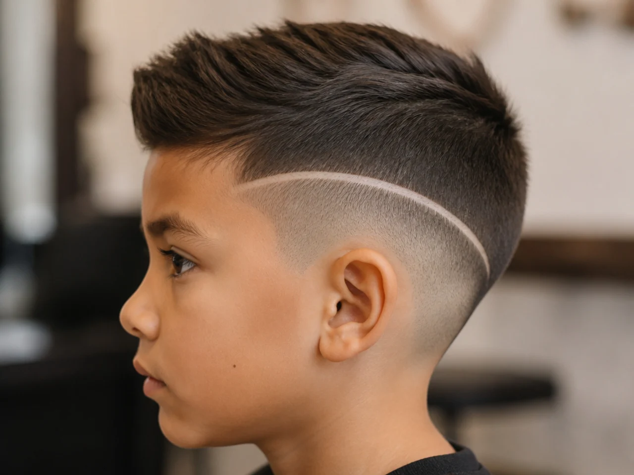 A young boy with a curved shaved line following the taper