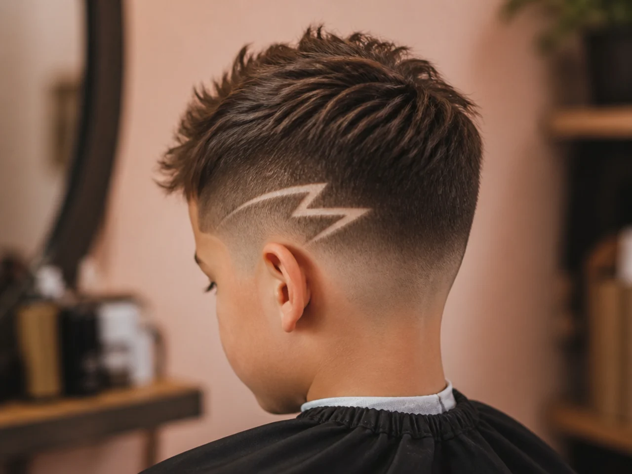 A young boy with a lightning bolt design shaved at the temple