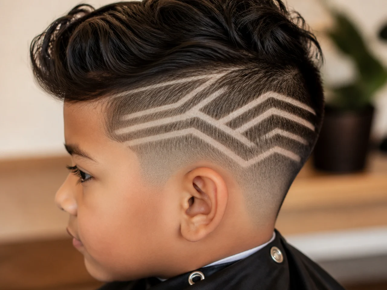 A young boy with a dense shaved pattern across one side