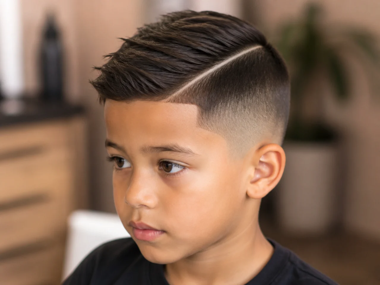 A young boy with a shaved line along his natural parting