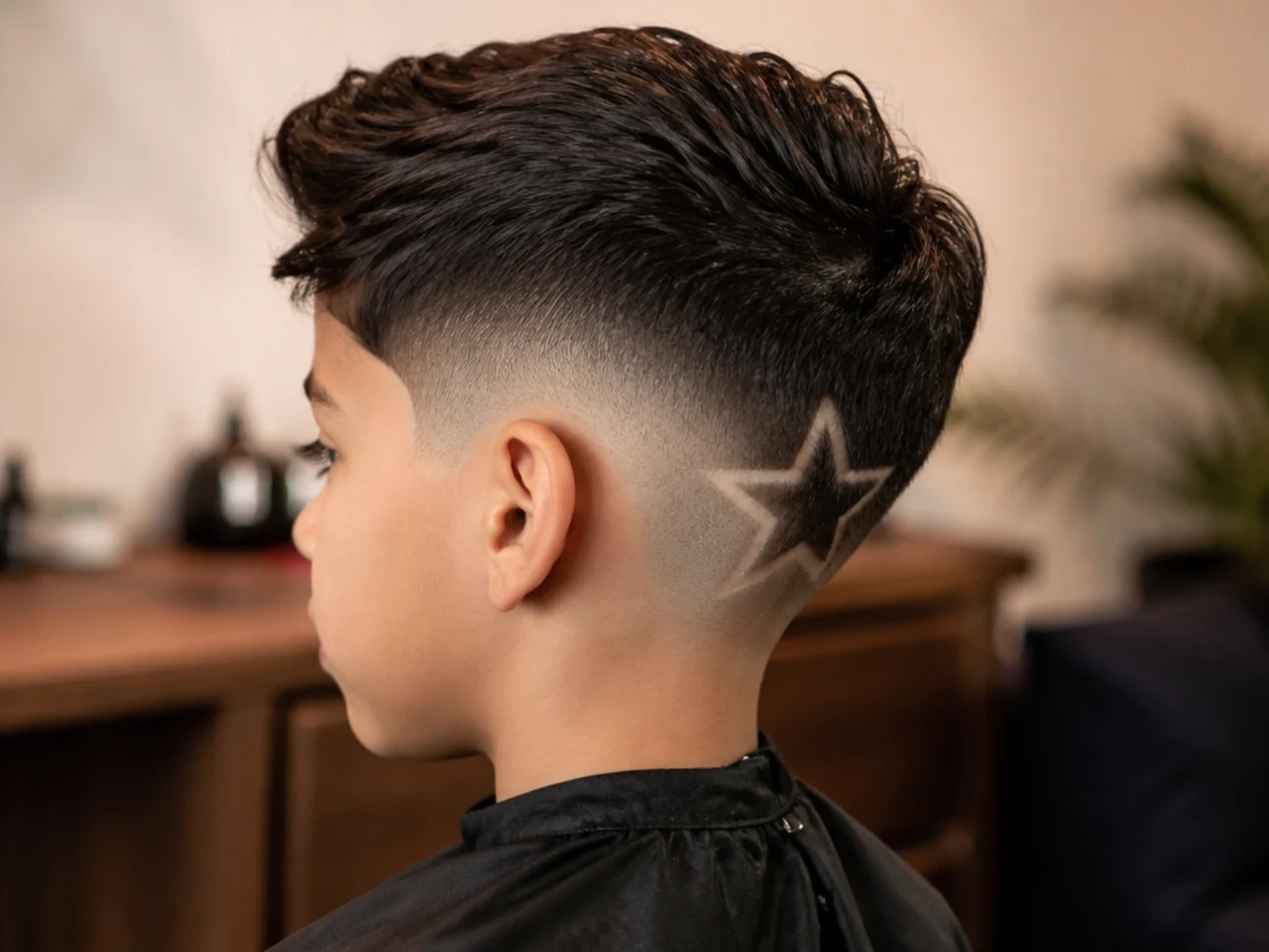 A young boy with a star design shaved at the back of the head
