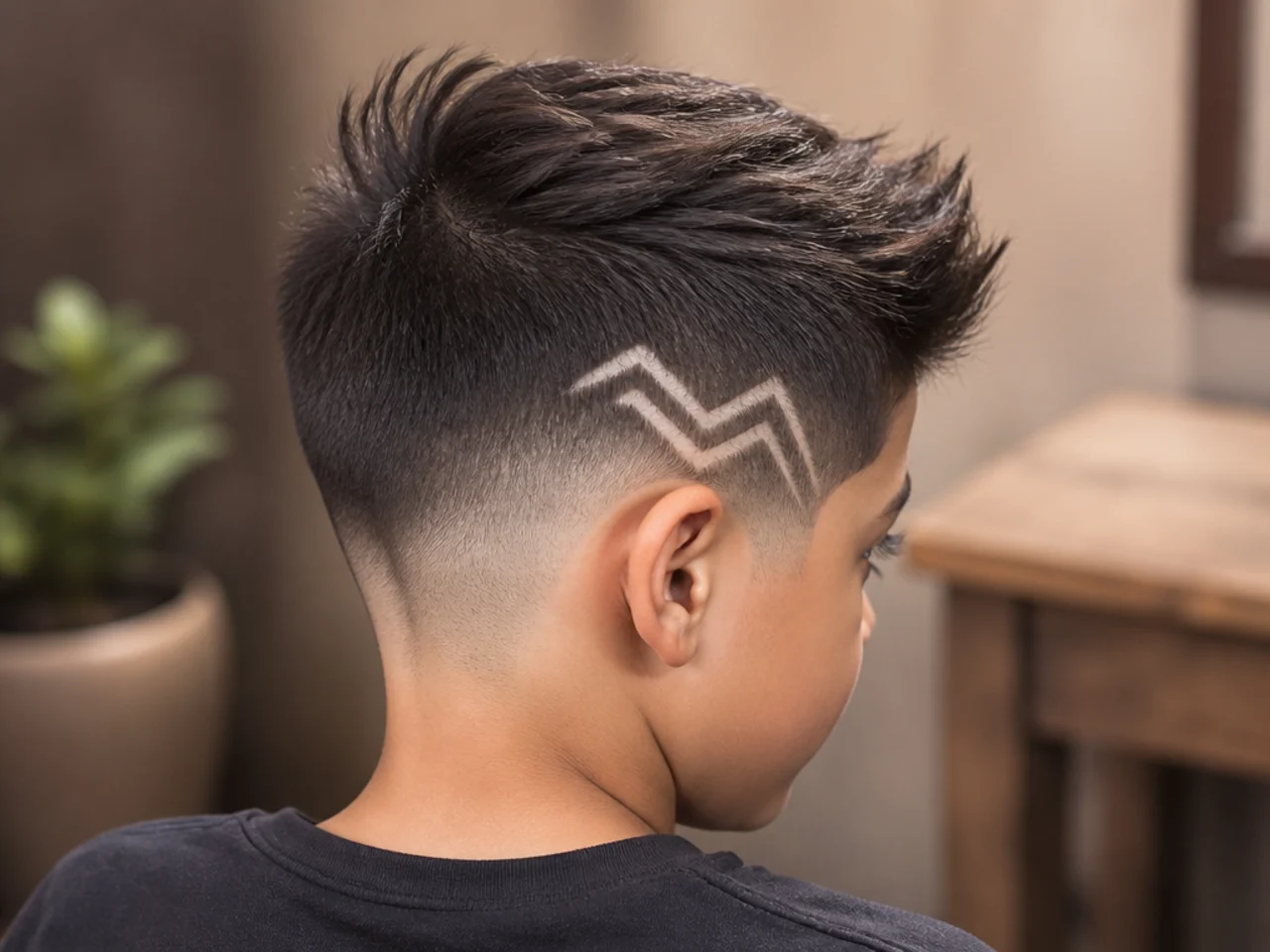 A young boy with a chevron design shaved above the ear